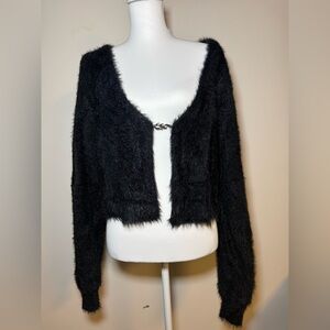 Fabletics Black Fuzzy Cropped Cardigan Sweater XL